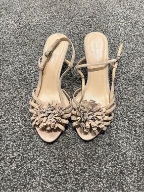 Via Spiga Nude Floral Suede Strappy Heels